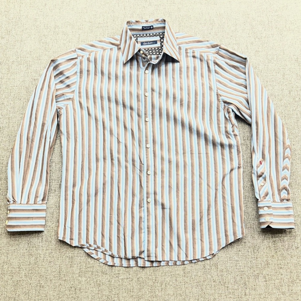 Robert Graham Mens XL Long Sleeve Button Up Shirt Blue‎ Brown Stripe 100% Cotton